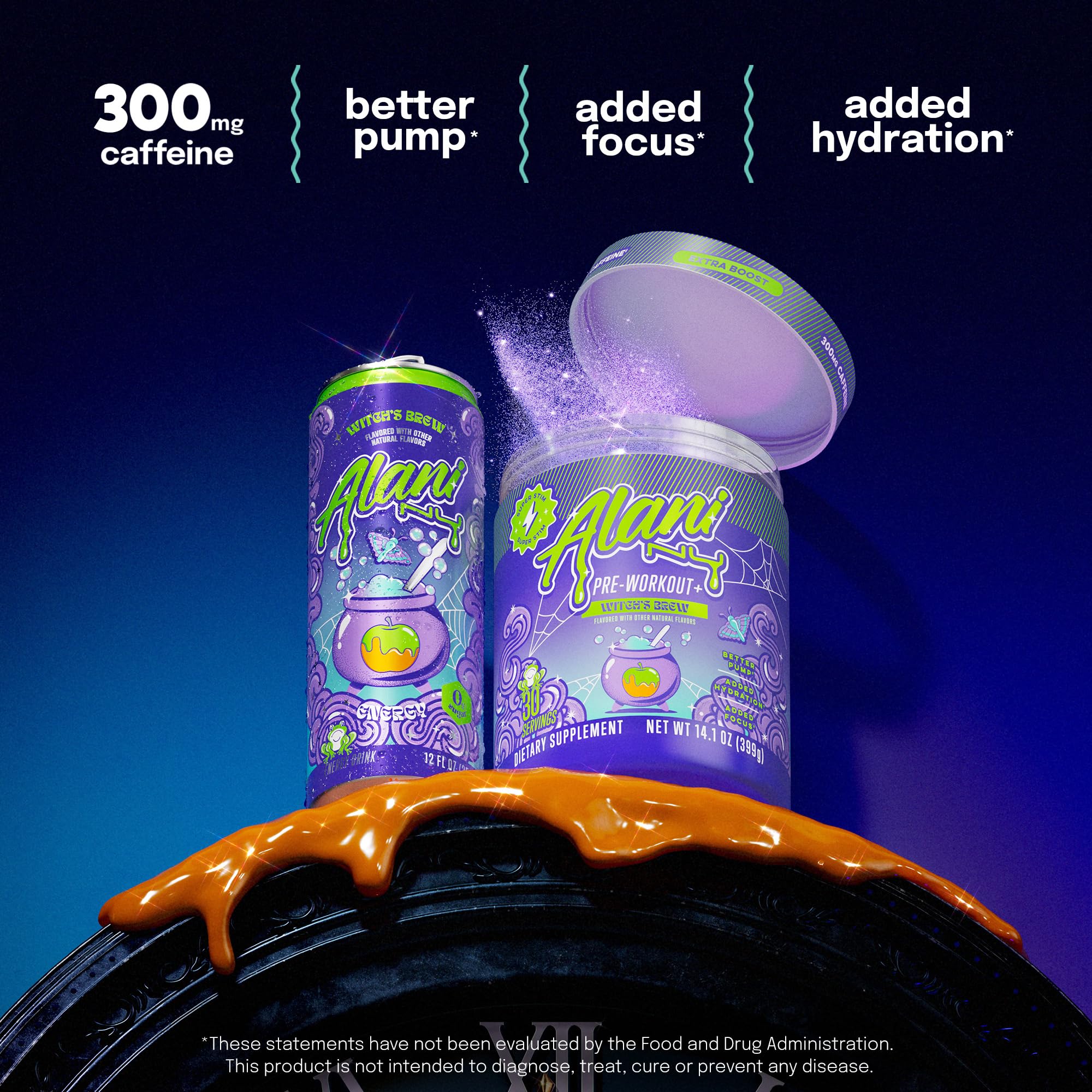 Alani Nu Pre Workout Witch's Brew glass with flavored sugar-free energy ready to mix