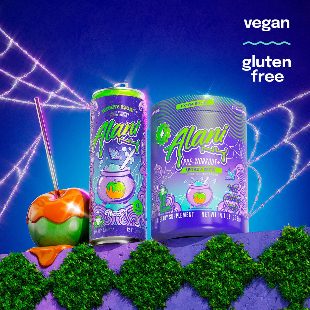 Alani Nu Pre Workout Witch's Brew label close-up confirms ingredients and caffeine information