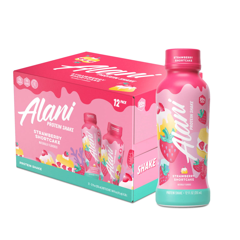 Alani Nu Protein Shake Strawberry Shortcake bottle shows ready-to-drink convenience for on-the-go fueling.