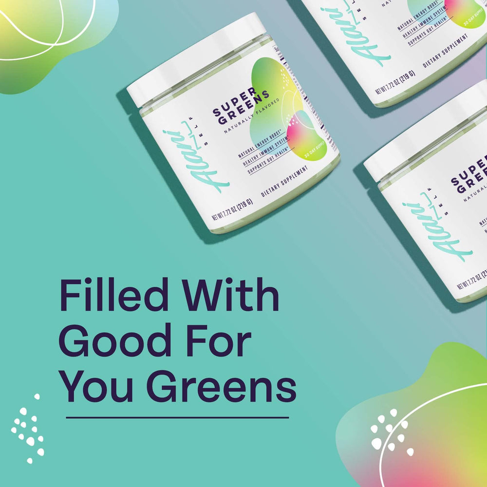 Alani Nu Super Greens Wild Berry ingredients visual emphasizing greens blend.