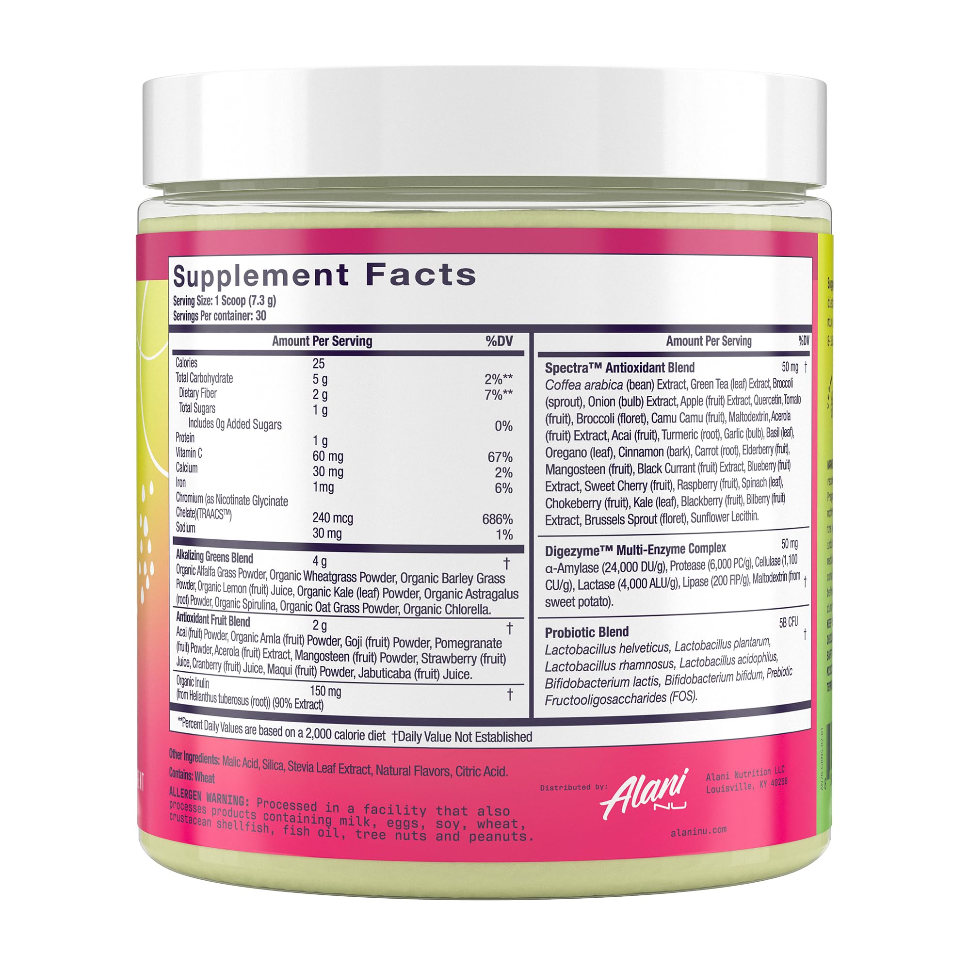 Alani Nu Super Greens Wild Berry scoop for easy smoothie prep.
