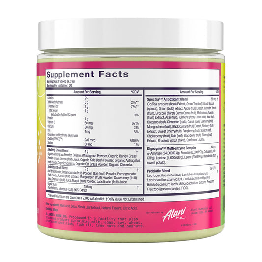 Alani Nu Super Greens Wild Berry scoop for easy smoothie prep.