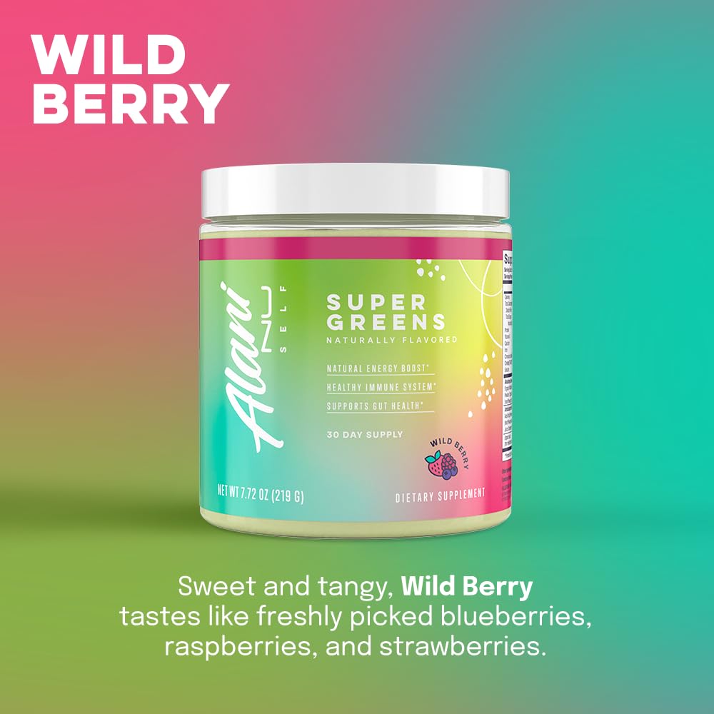 Alani Nu Super Greens Wild Berry smoothie in a glass shows vibrant color.