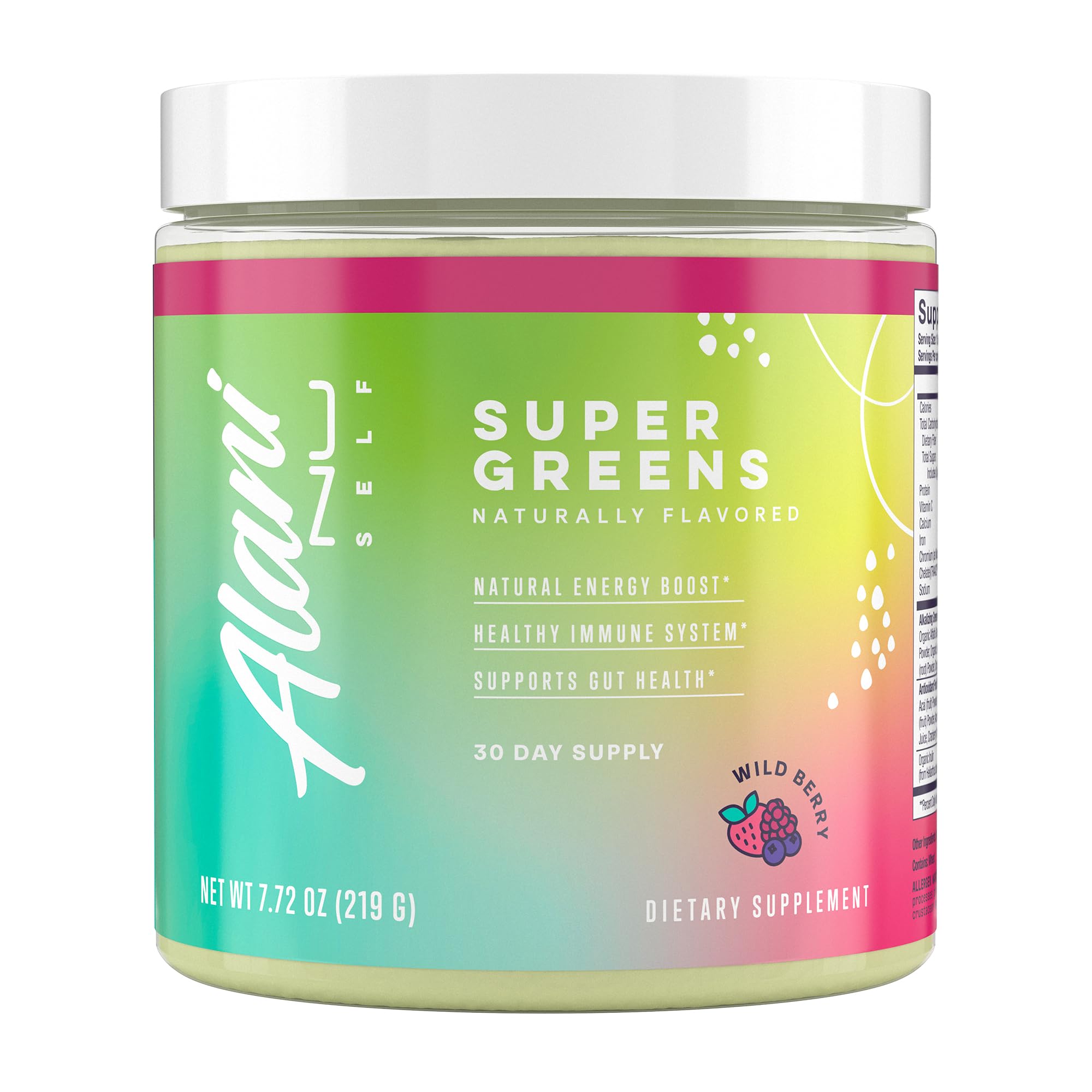 Alani Nu Super Greens Wild Berry powder in a tub, ready for daily greens boost.