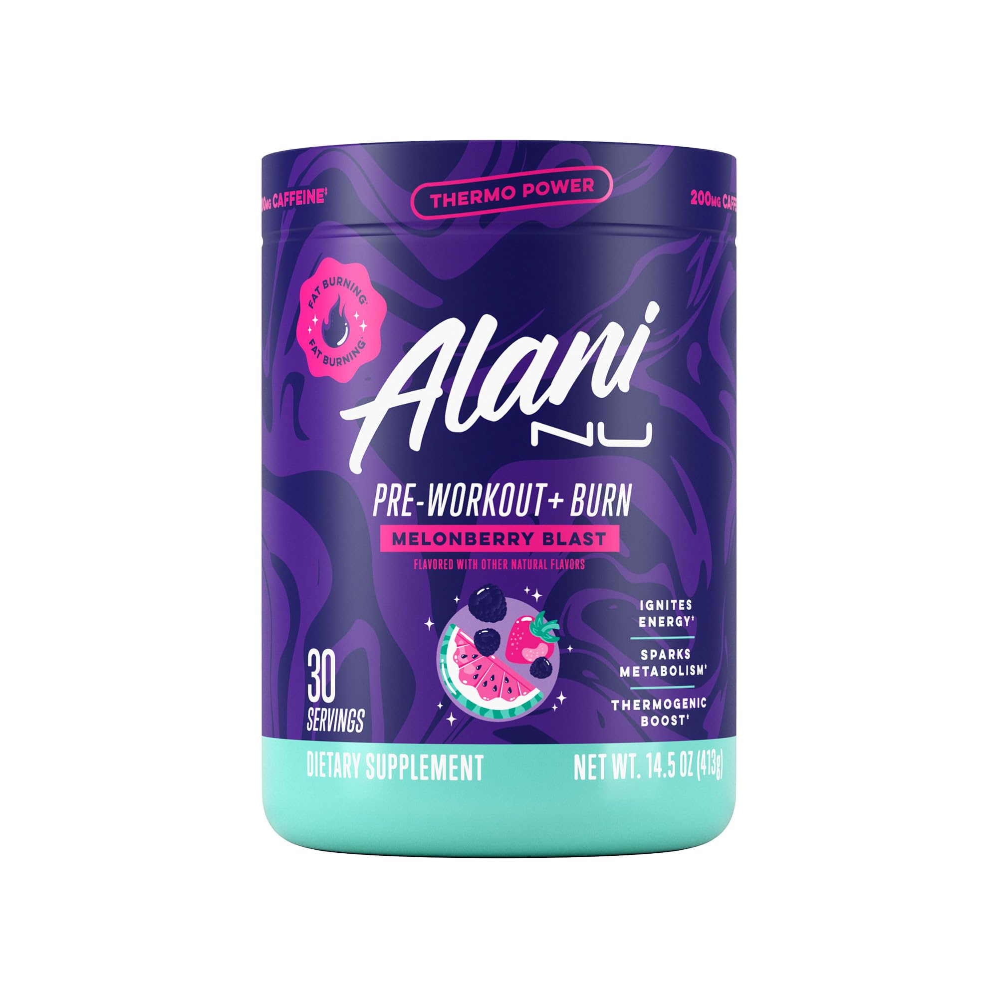 Alani Nu Pre-Workout Burn Melonberry bottle fuels long gym sessions with steady energy
