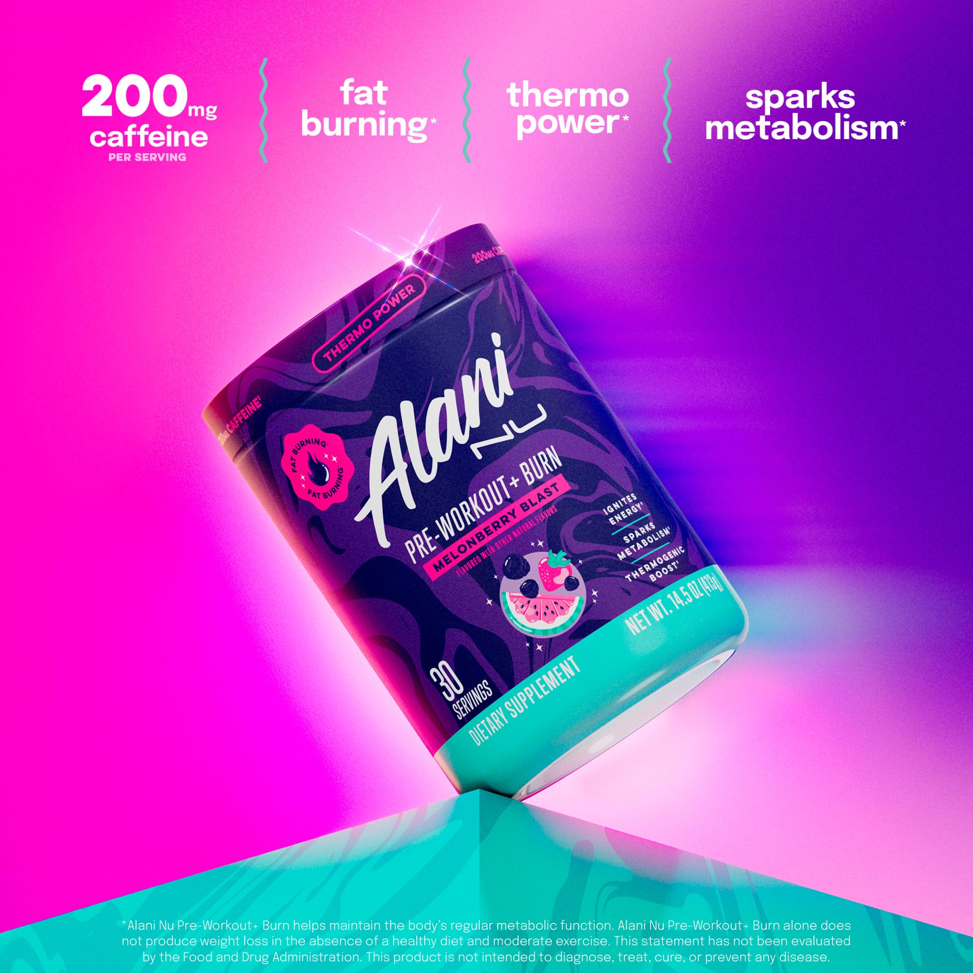 Alani Nu Melonberry Burn ingredients visual shows thermogenic blend and amino acids