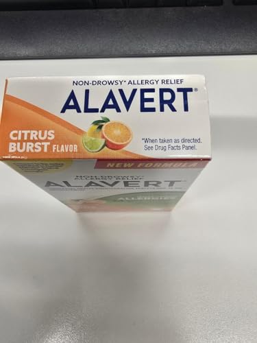 Close-up of 10 mg Alavert tablets in a blister.