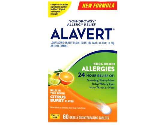 Alavert Citrus Burst tablets in a 60-count pack for easy daily relief.