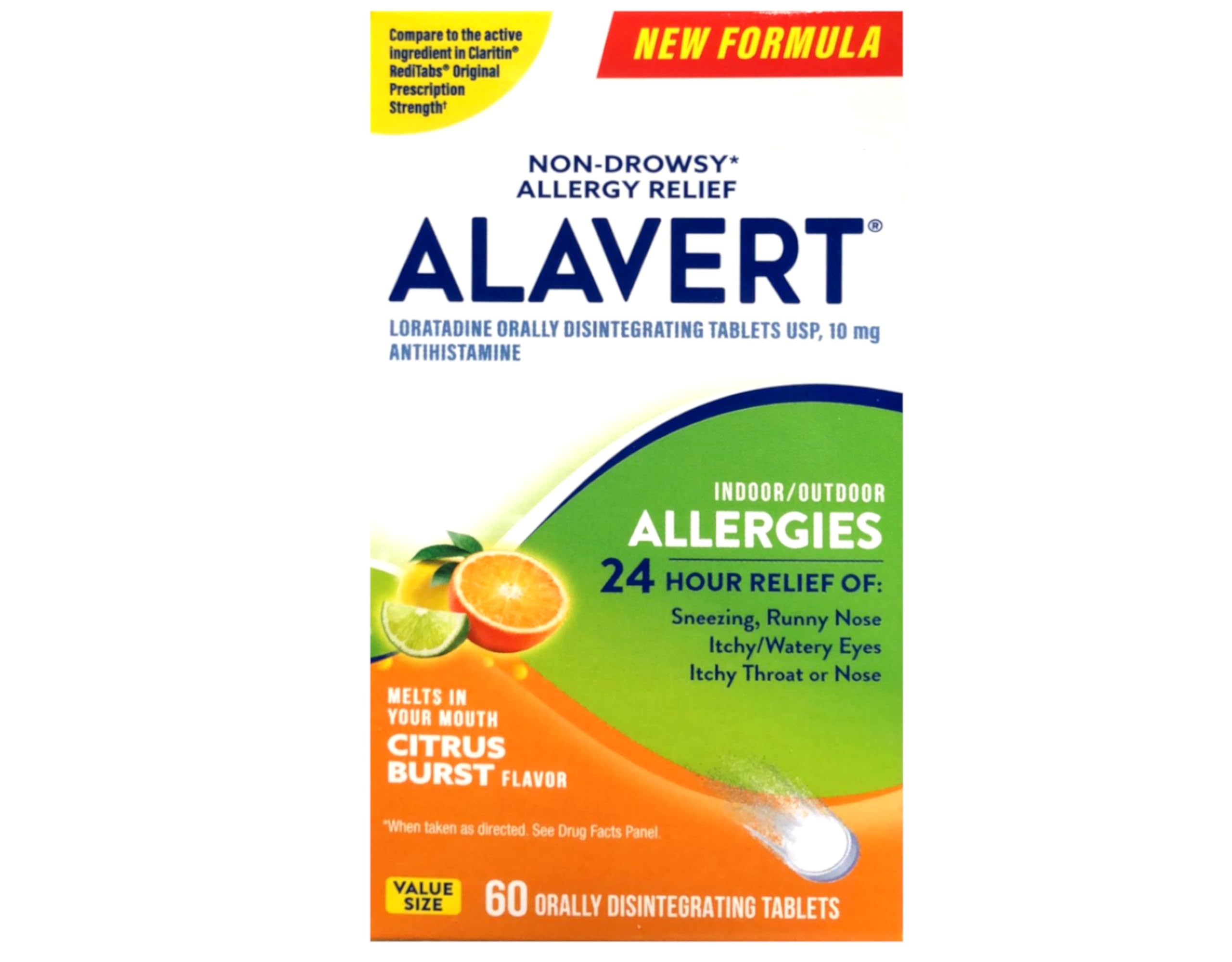 Orally disintegrating Alavert tablets dissolving on the tongue for quick use.