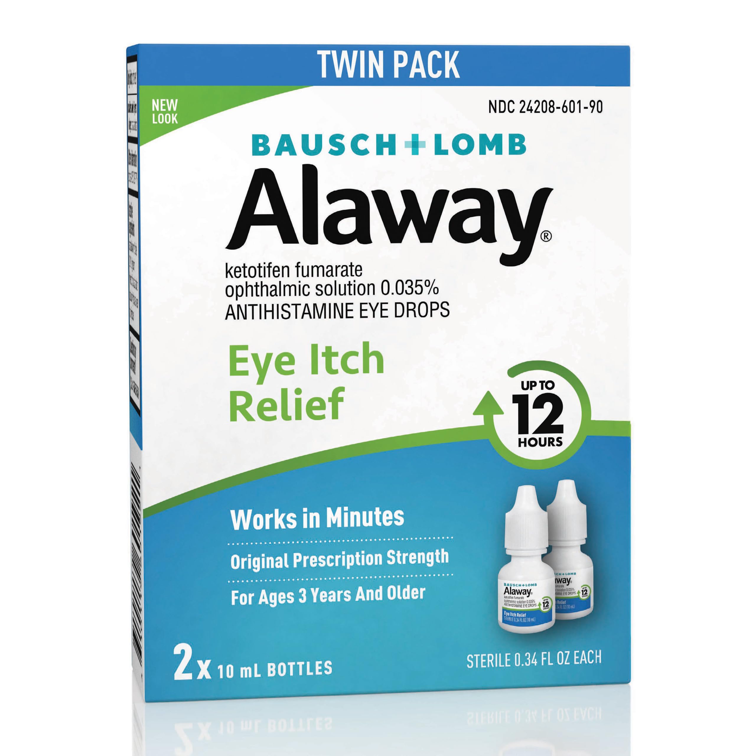 Alaway eye drops bottle used for quick itch relief.
