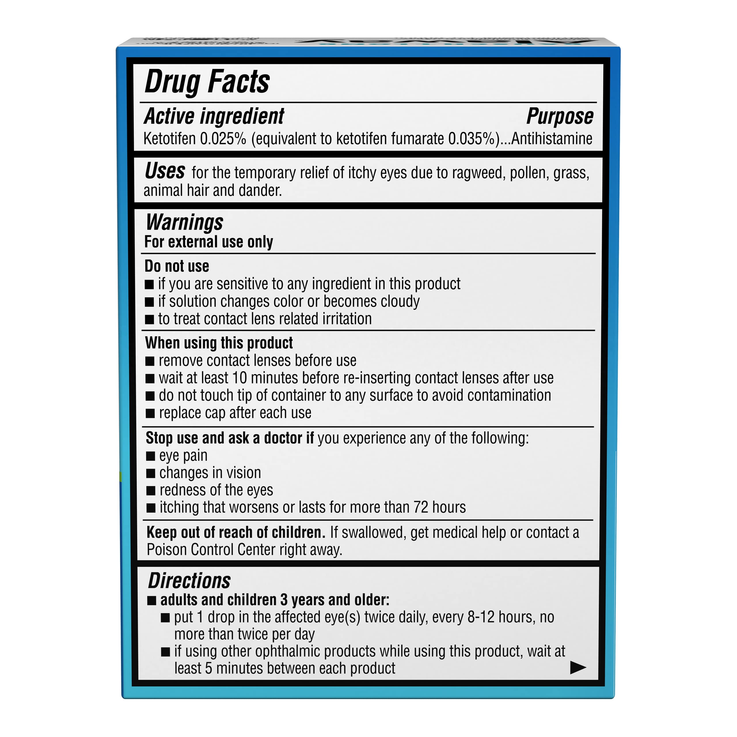 Ketotifen fumarate ingredient label on Alaway packaging.