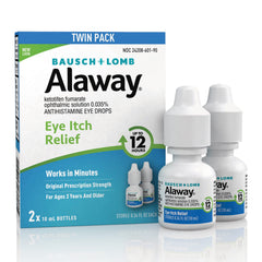 Twin-pack display highlighting two Alaway bottles for ongoing allergy relief.
