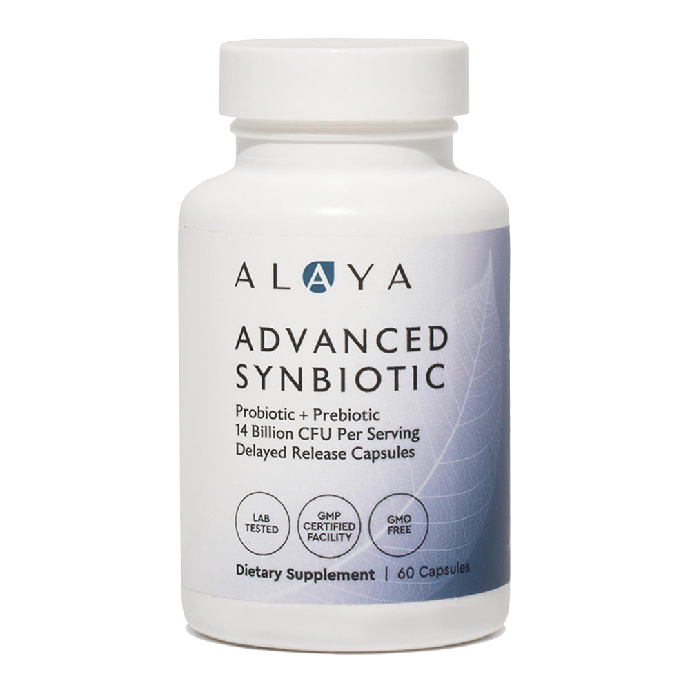 Alaya Naturals Advanced Synbiotic 60 capsules bottle for daily gut support.