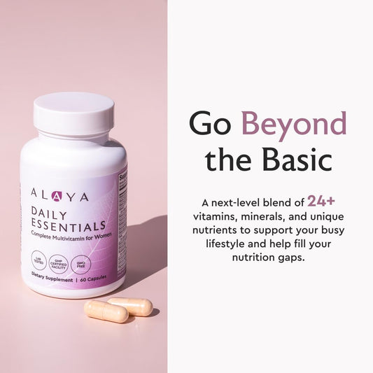 Alaya Naturals Daily Essentials bottle closeup reveals capsule texture and quality