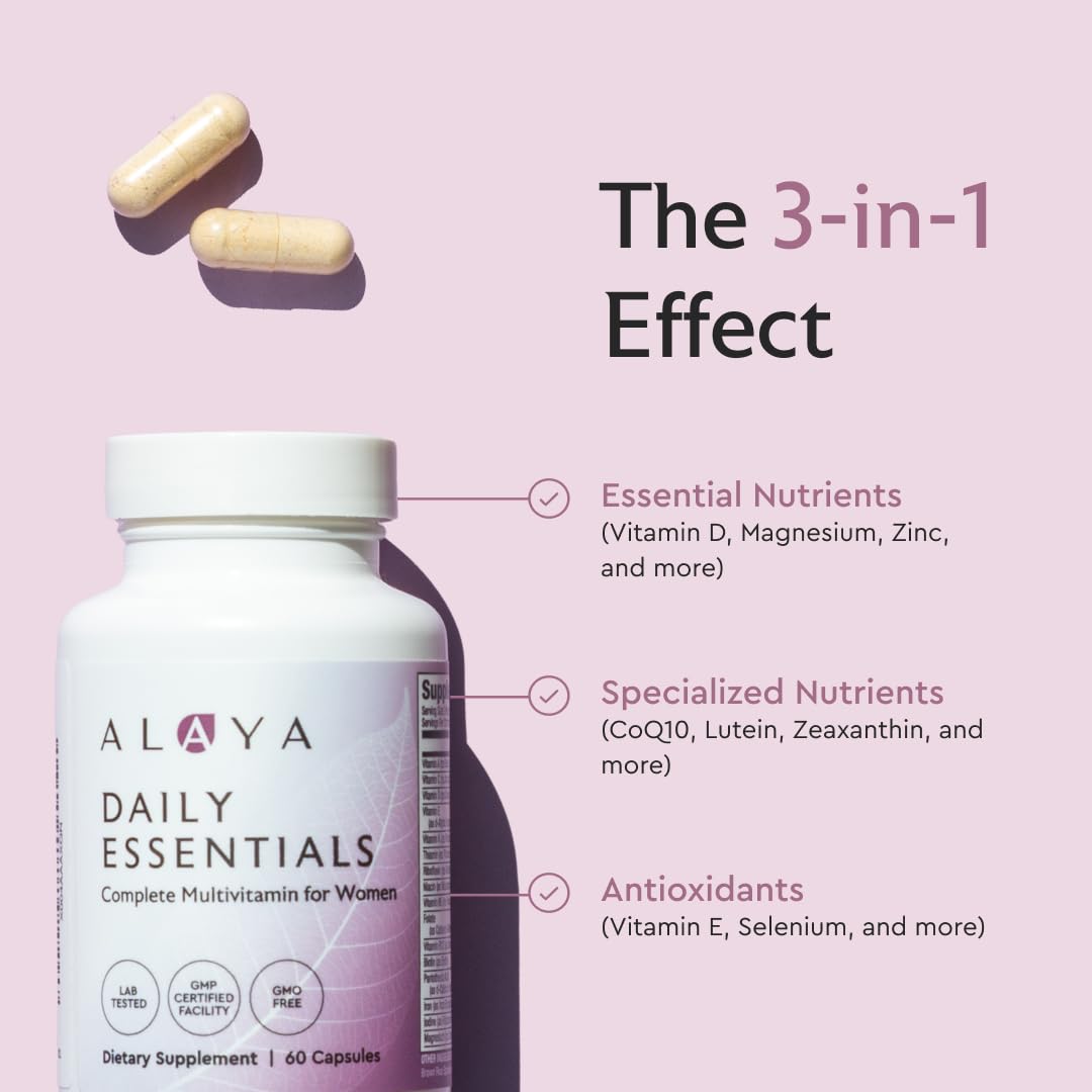 Alaya Naturals Daily Essentials packaging highlights vitamin-rich formula for women's health