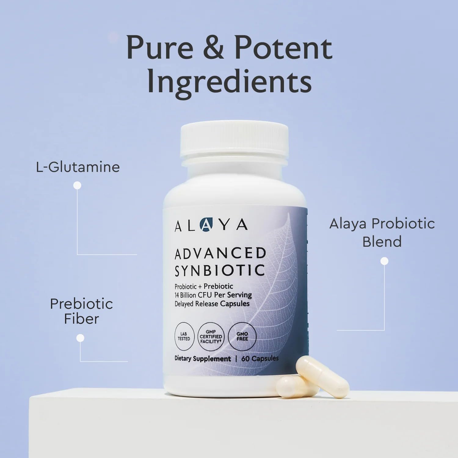 Close-up of Alaya Naturals delayed-release capsules for gut journey.