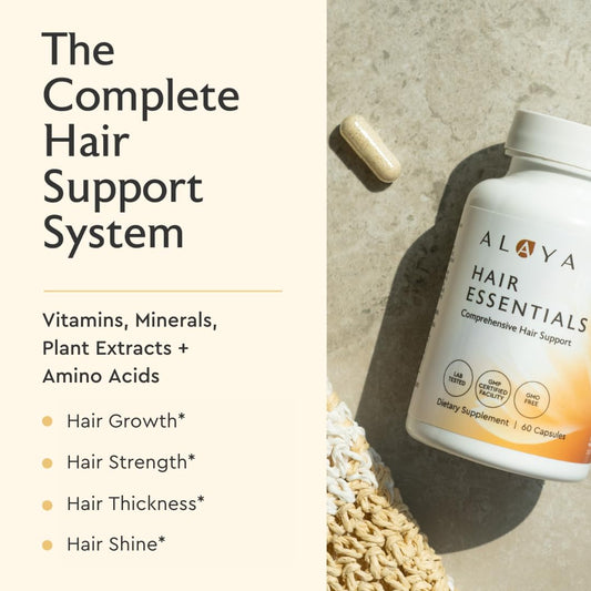 Alaya Naturals Hair Essentials bottle-side view showing easy-to-swallow capsules.