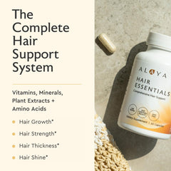 Alaya Naturals Hair Essentials bottle-side view showing easy-to-swallow capsules.