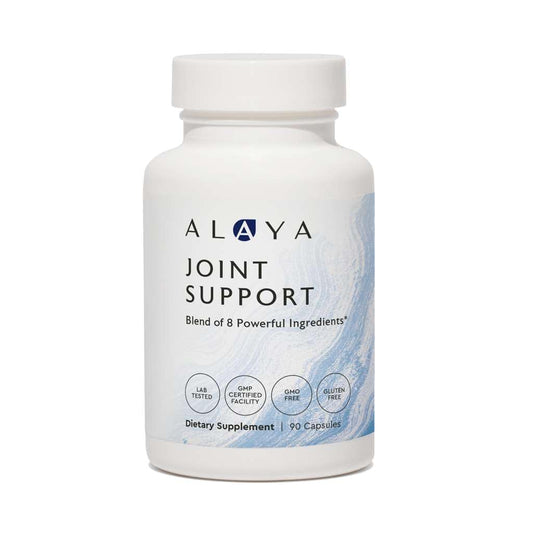 Alaya Naturals Joint Support bottle demonstrates daily mobility support in a clean formula.