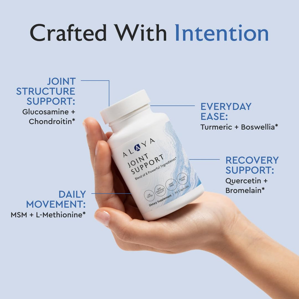 Alaya Naturals Joint Support packaging highlights GMP-certified quality and consistency.
