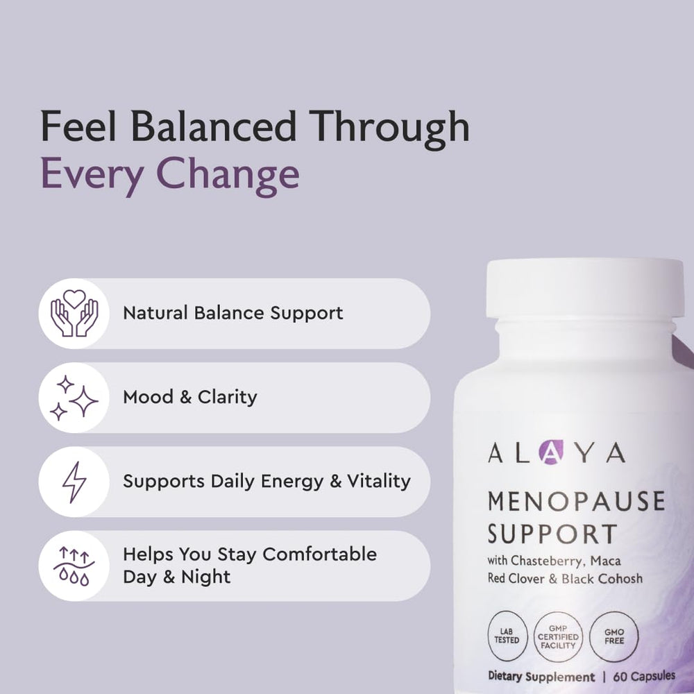 Alaya Naturals Menopause Support packaging photo emphasizing hormone-free wellness.