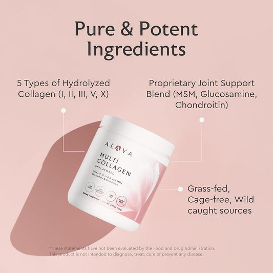 Alaya Naturals collagen powder scoop on jar for measurement and use