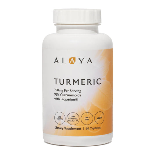 Alaya Naturals turmeric bottle front showing 750mg curcumin for joints.