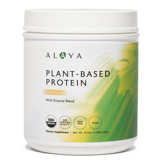 Alaya Naturals vanilla protein powder bag front view highlighting organic ingredients and daily protein boost