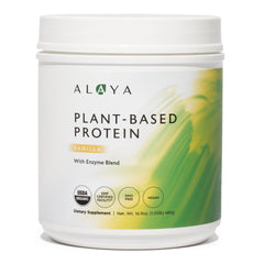 Alaya Naturals vanilla protein powder bag front view highlighting organic ingredients and daily protein boost