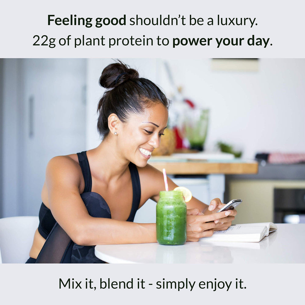 Alaya Naturals vanilla protein powder container close-up label emphasizing non-GMO and USDA Organic features