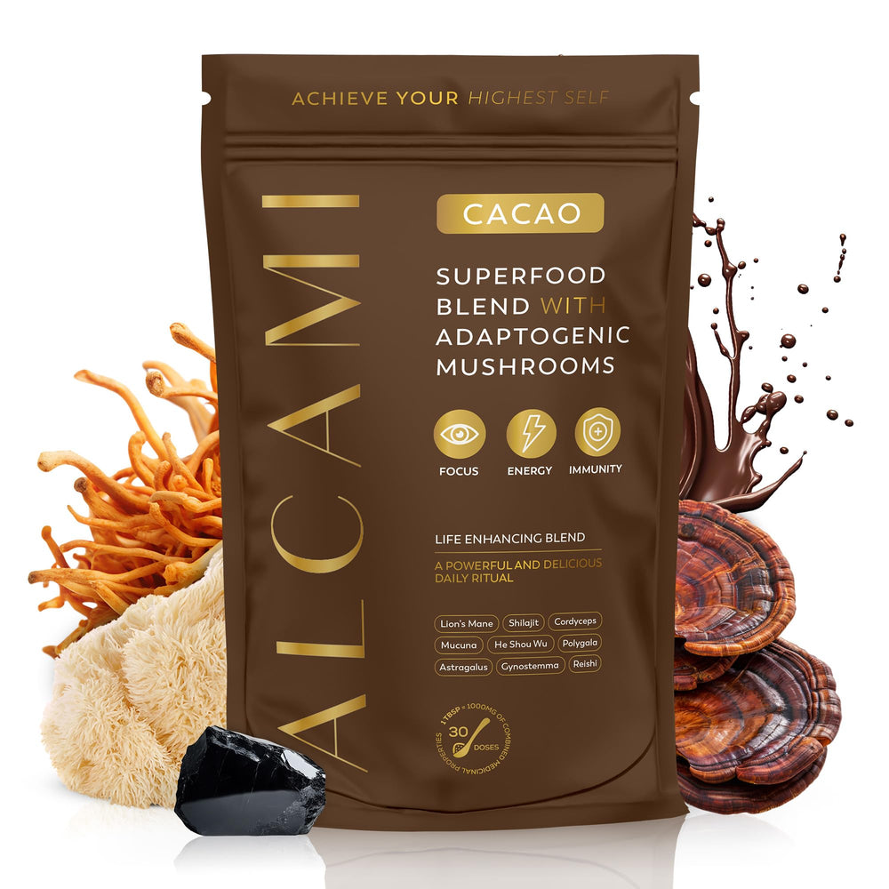 Alcami Elements cacao mushroom coffee powder in a jar for daily energy