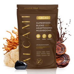 Alcami Elements cacao mushroom coffee powder in a jar for daily energy
