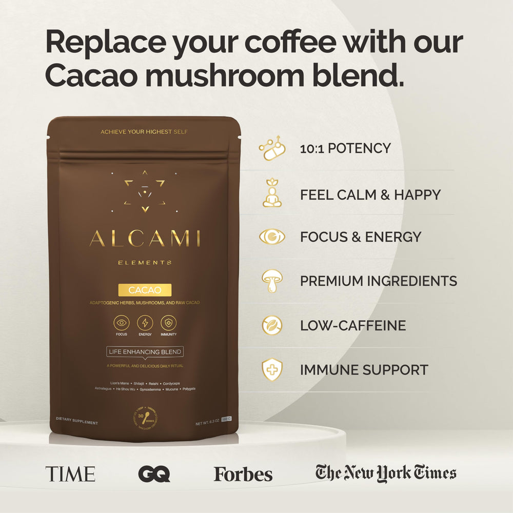 Alcami Elements jar label shows cacao mushroom coffee and 10x concentrate