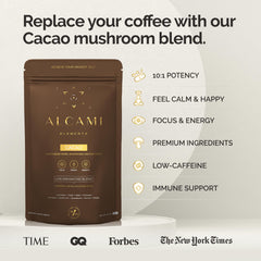 Alcami Elements jar label shows cacao mushroom coffee and 10x concentrate