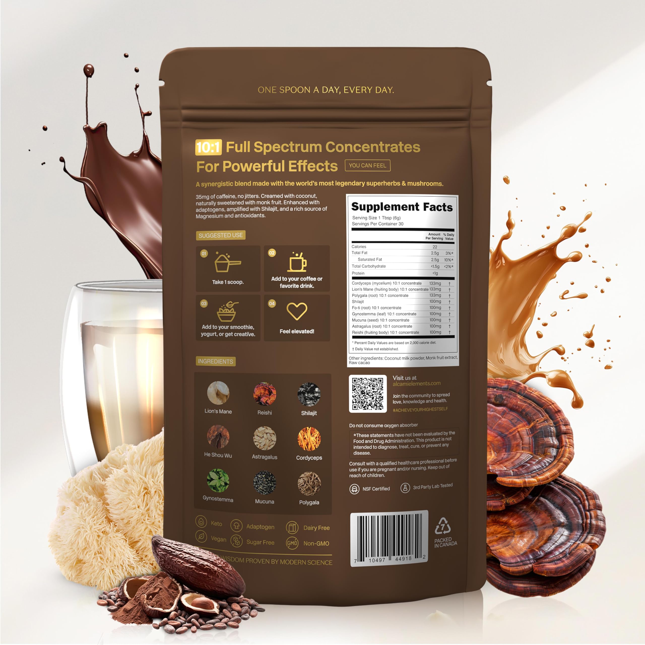 Alcami Elements premium supplement bottle on a kitchen counter