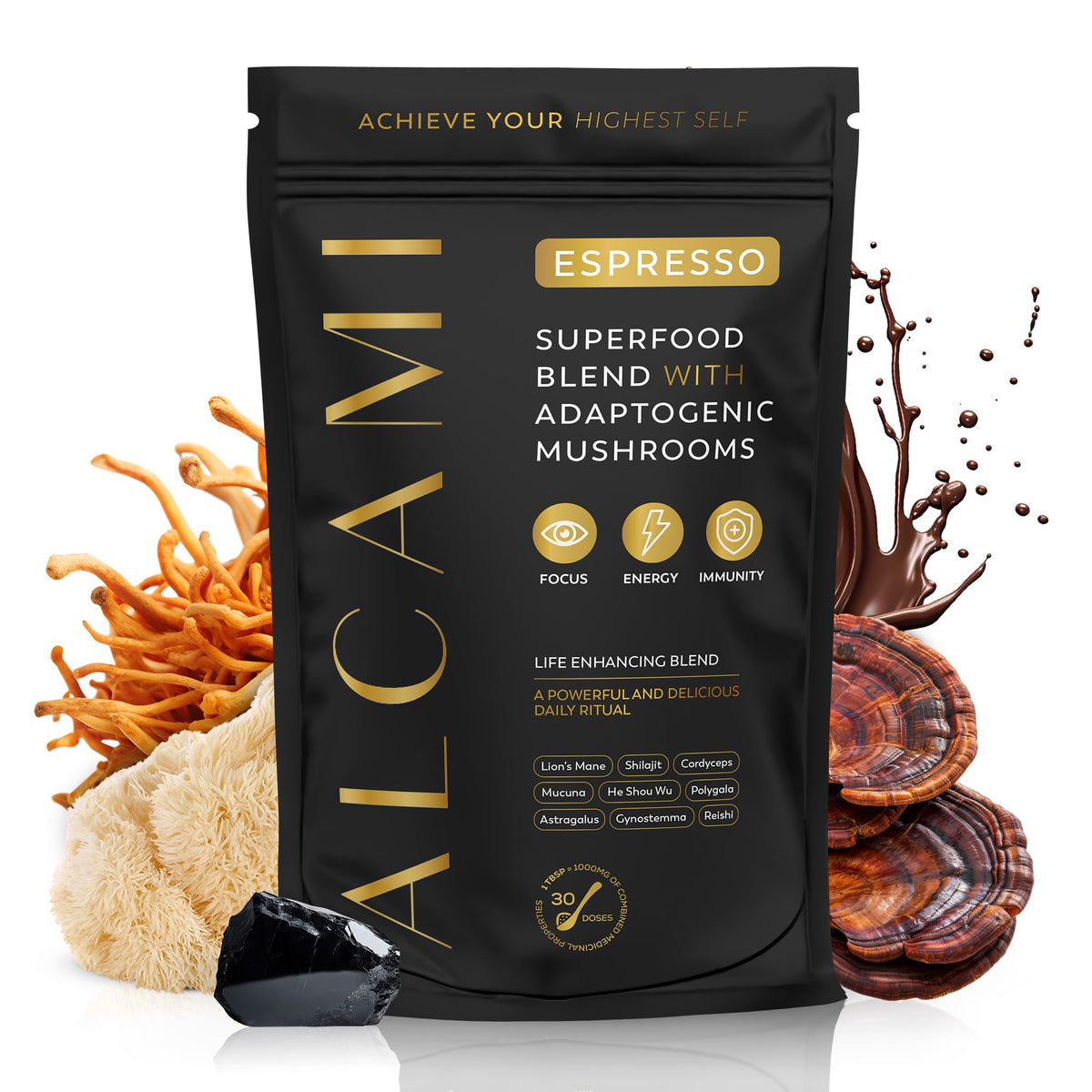 Alcami Elements Mushroom Espresso Coffee Blend bag shows premium organic ingredients for energy