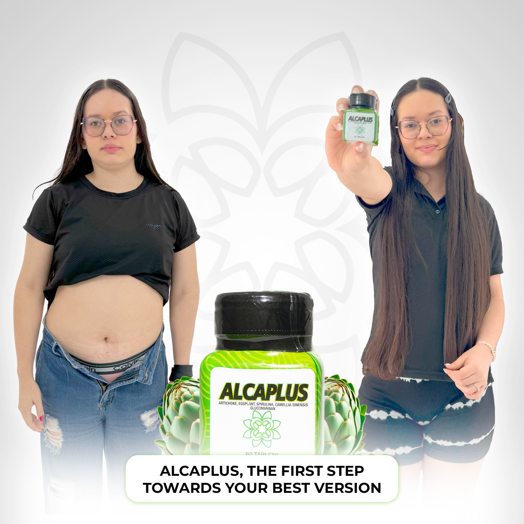 ALCAPLUS glucomannan powder beside measuring spoon for fullness cues.