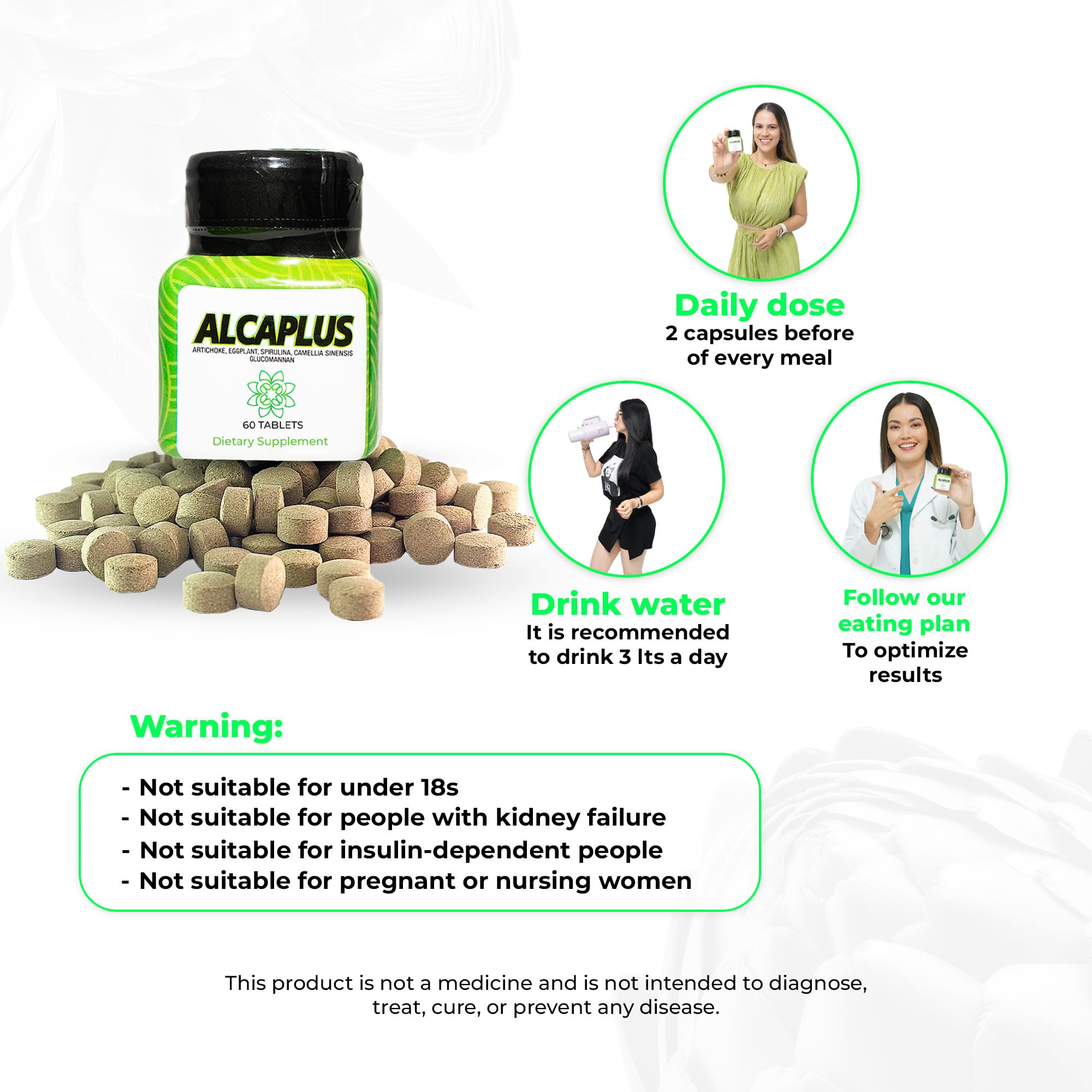 ALCAPLUS bottle with eggplant imagery for digestive comfort after meals.