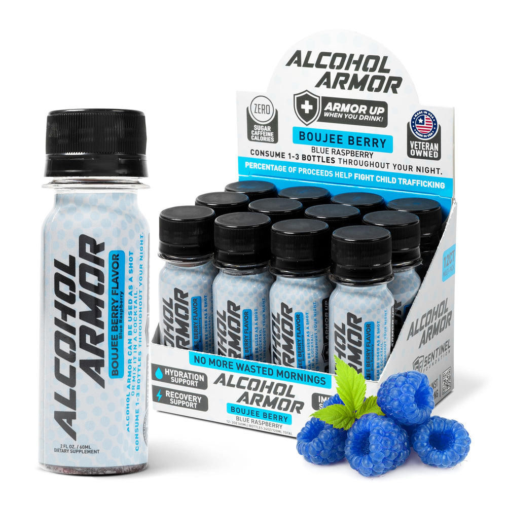 Alcohol Armor Recovery Shot 12-pack bottle highlights the dye-free formula for hydration after a night out.