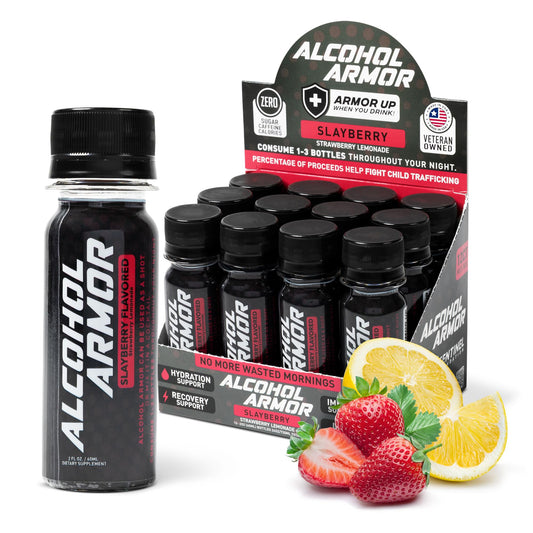 Alcohol Armor Recovery Shot 12-pack bottles for convenient post-party hydration.