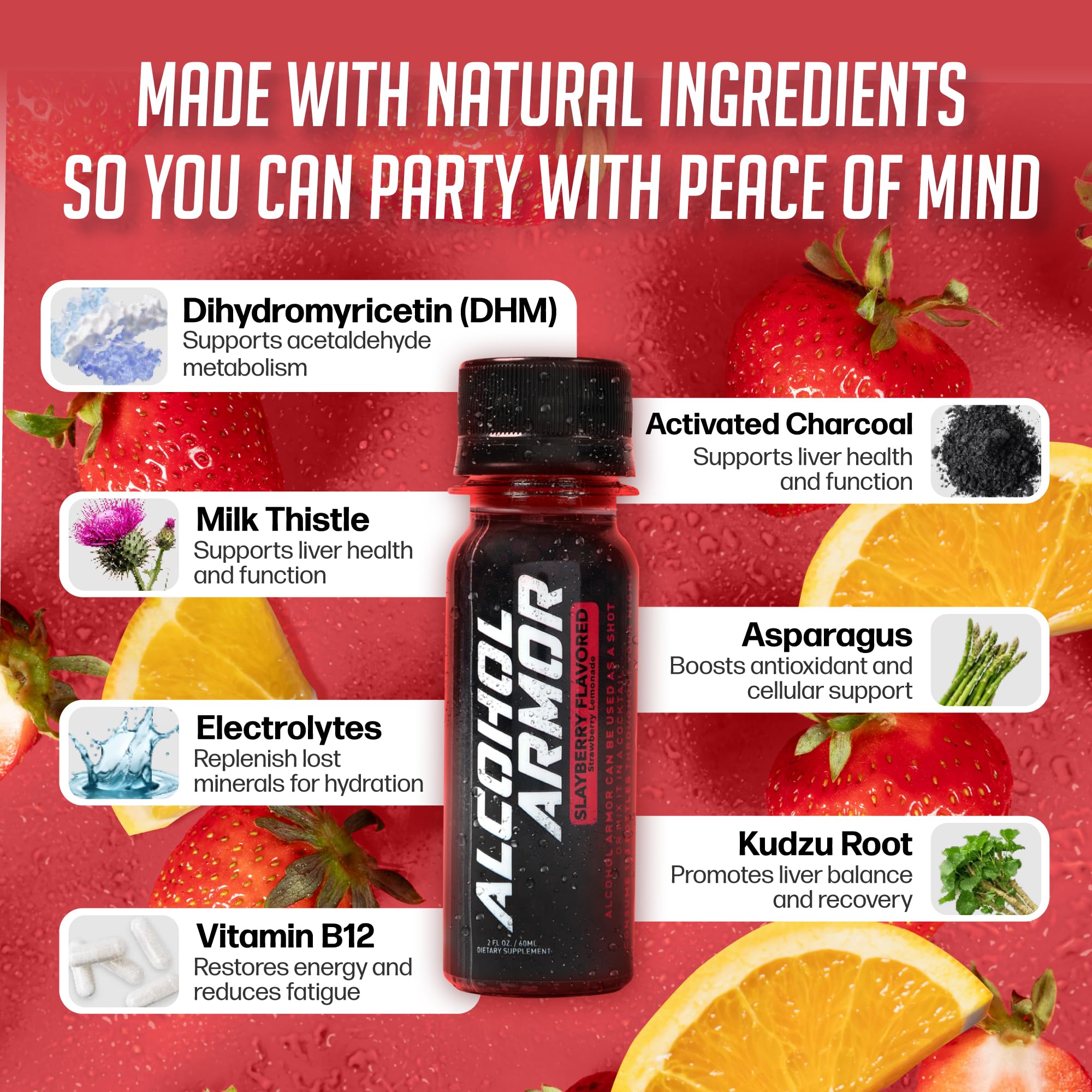 Alcohol Armor Recovery Shot bottle closeup highlights a dye-free, sugar-free formula.