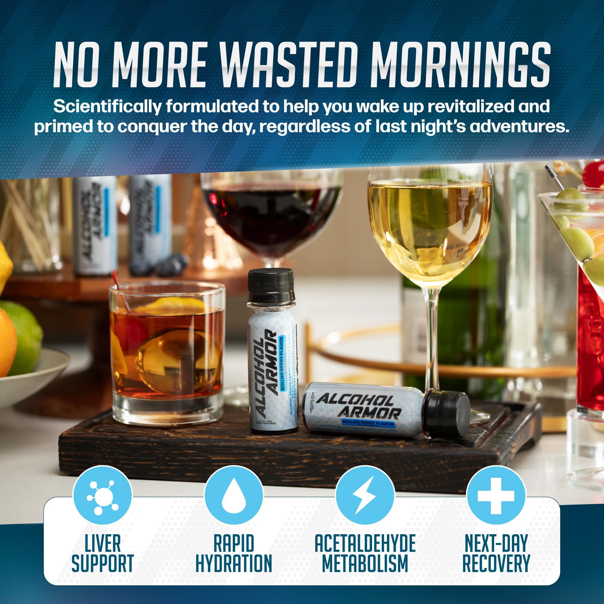 Alcohol Armor Recovery Shot bottle pour shows easy mixing before, during, or after celebrations.