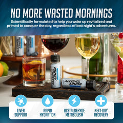Alcohol Armor Recovery Shot bottle pour shows easy mixing before, during, or after celebrations.