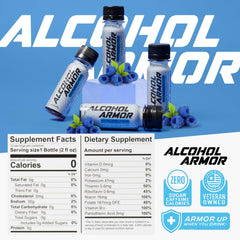 Alcohol Armor Recovery Shot dye-free label highlights natural ingredients for daily hydration.