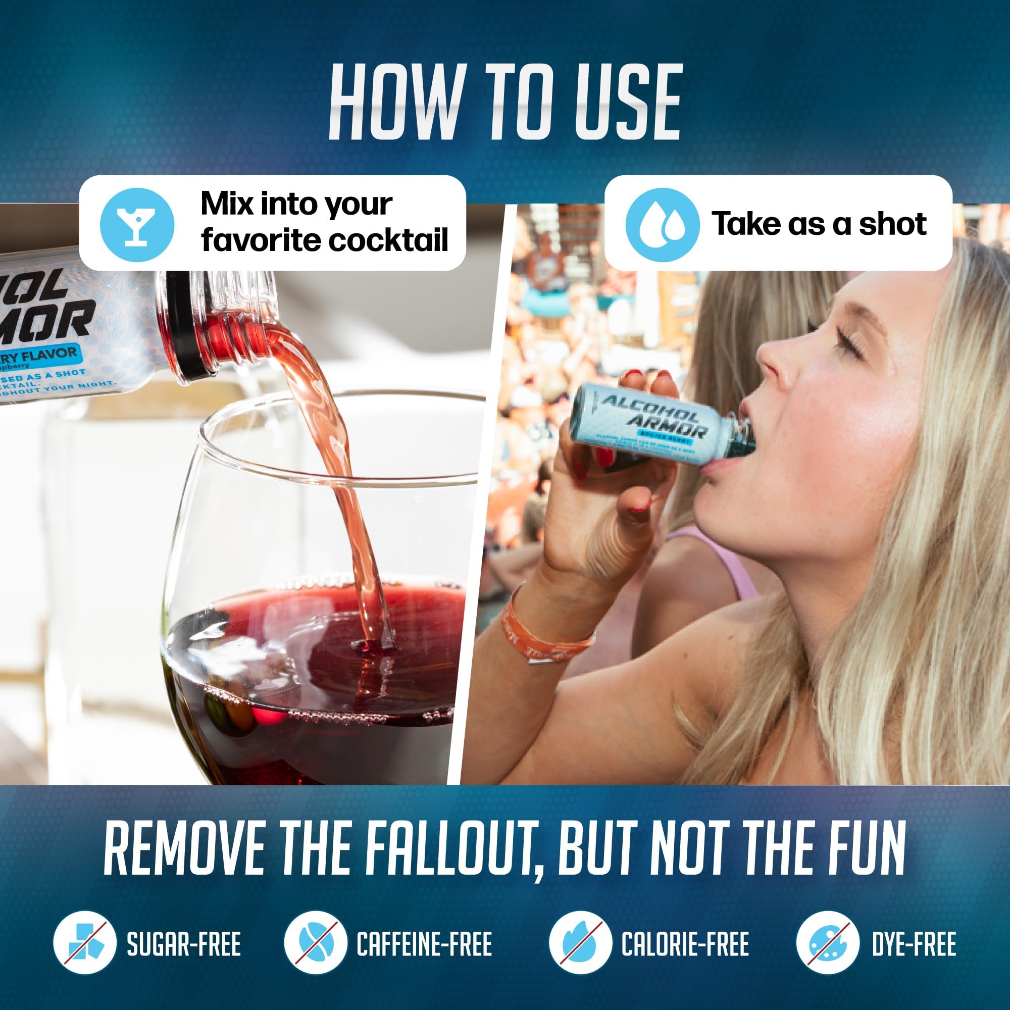 Alcohol Armor Recovery Shot electrolytes visual suggests rapid hydration after festivities.