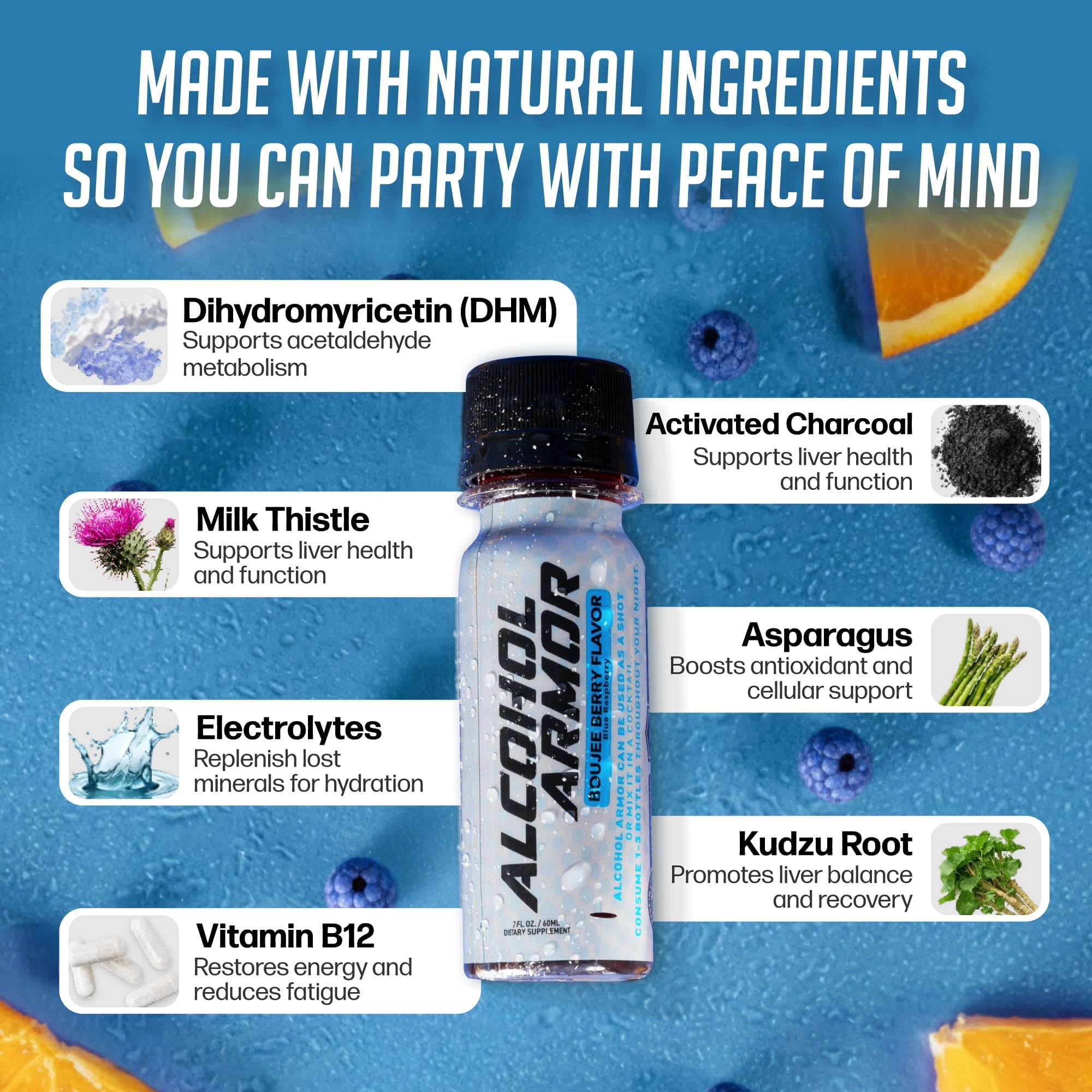 Alcohol Armor Recovery Shot ingredients panel lists DHM, milk thistle, and electrolytes.
