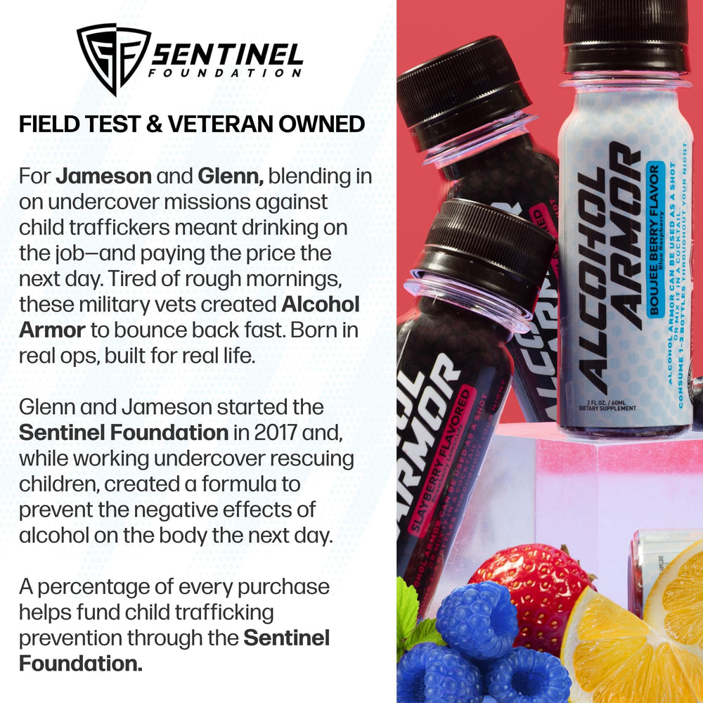 Alcohol Armor Recovery Shot in a ready-to-use setup for pre- or post-event hydration.