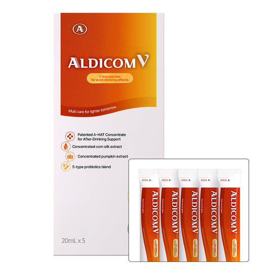 ALDICOM V travel-size sticks in a pocket offer convenient post-drinking relief.