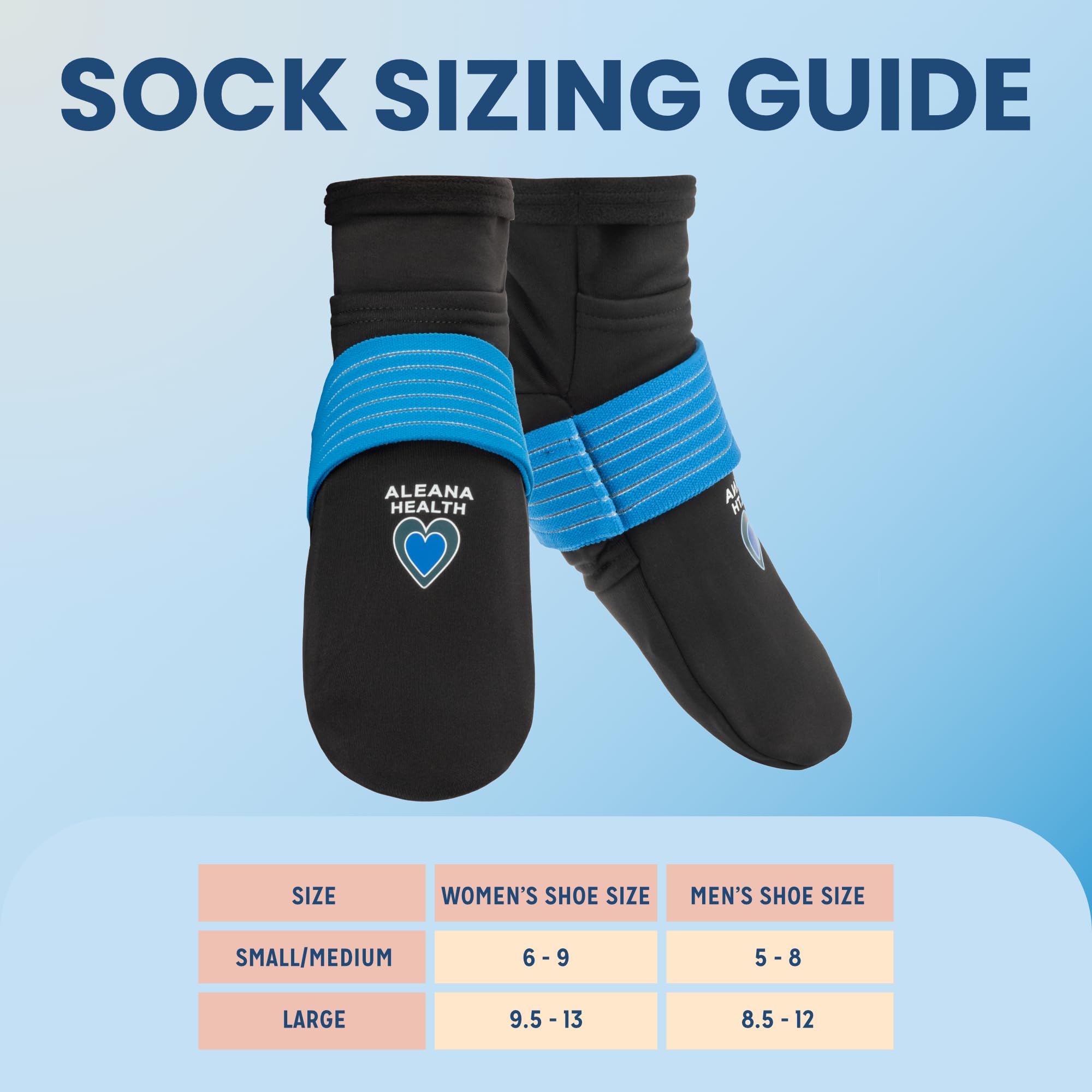Aleana Health size guide for cold therapy socks with stretch fabric
