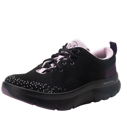 Alegria Rok N Roll plum front view; soft Dream Fit knit upper for all-day comfort.